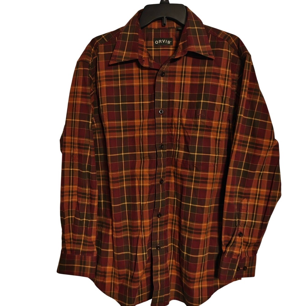 Orvis Mens Large Plaid Button Down Shirt Long Sleeve Cotton Burgundy Orange L